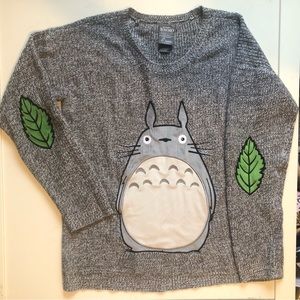 Oversized Totoro Sweater with Appliqué Totoro and Leaves on the Elbows